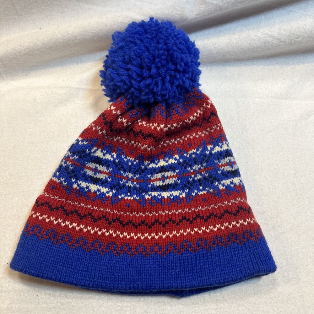 Knit Hat‎ Pom Vtg Knit Fair Isle Knit Hat Retro Beanie Cap 100% Wool USA
